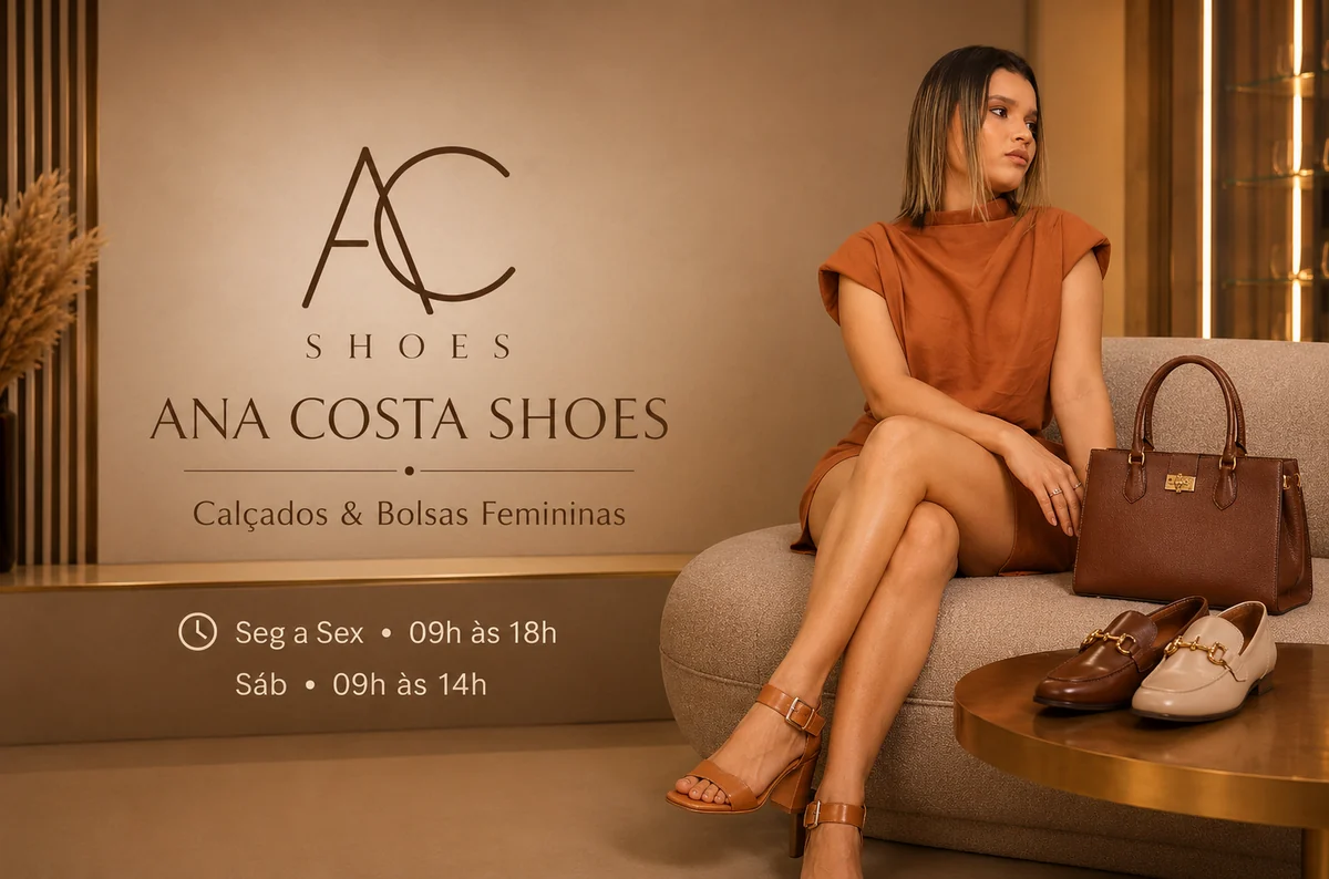 Ana Costa Shoes, calçados e bolsas femininas. Segunda a sexta das 09h às 18h e sábado das 09h às 14h